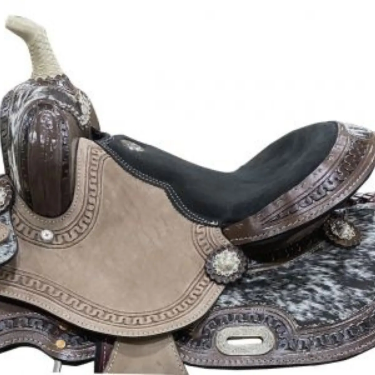 DOUBLE T 13" Youth barrel saddle with hair on cowhide inlay.