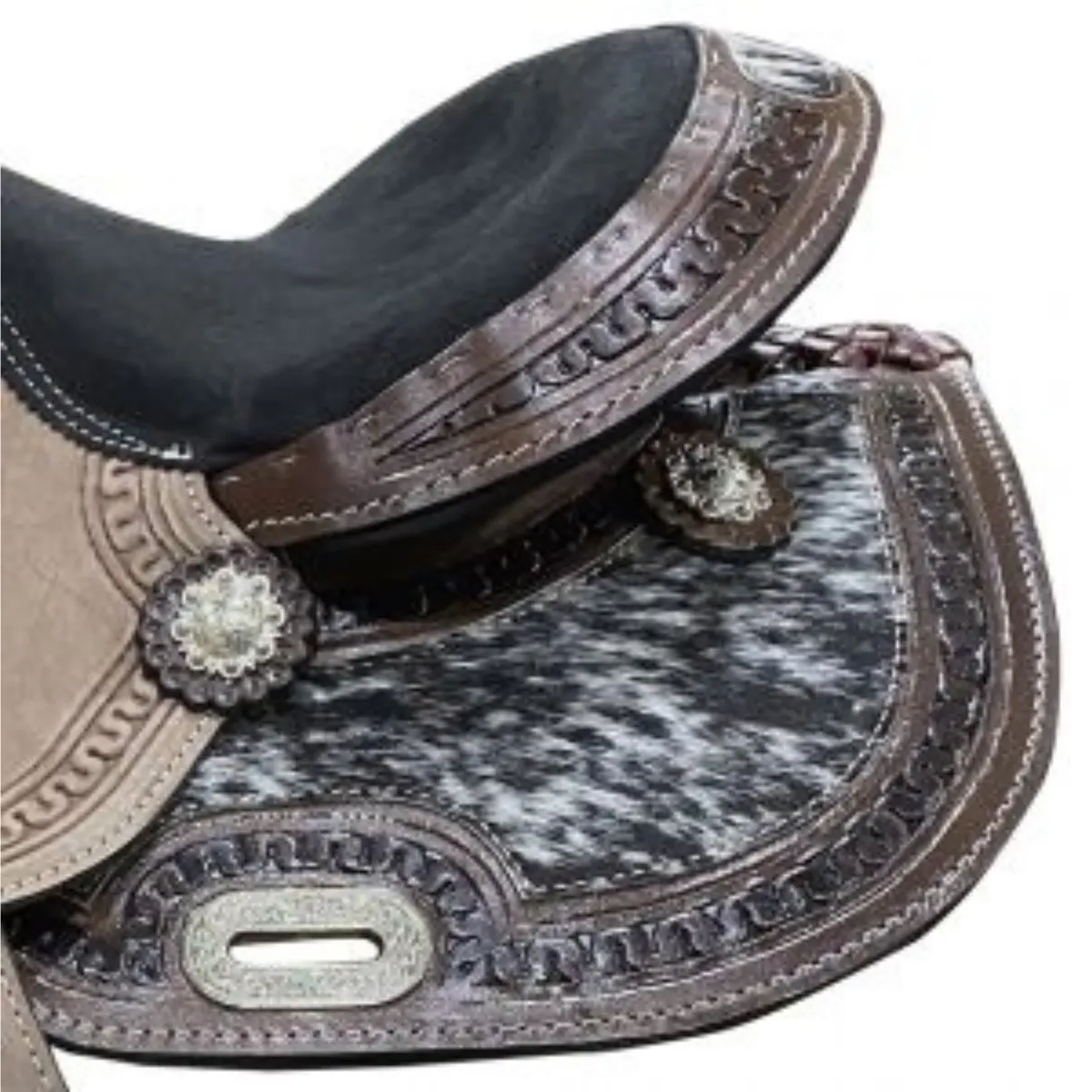 DOUBLE T 13" Youth barrel saddle with hair on cowhide inlay.