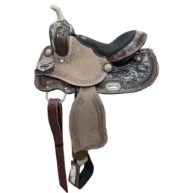 DOUBLE T 13" Youth barrel saddle with hair on cowhide inlay.