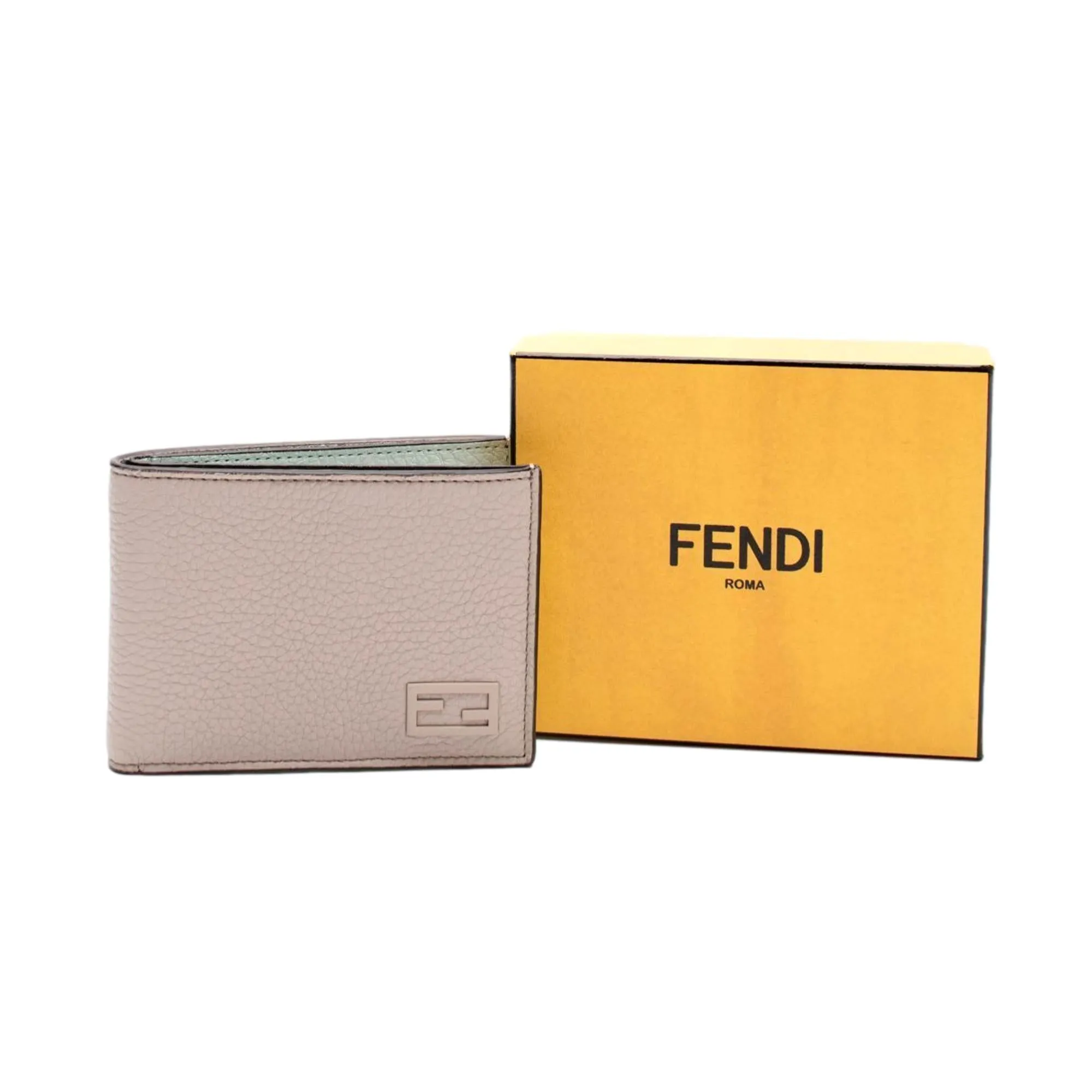 Fendi FF Logo Plaque Light Gray and Blue Pebbled Calf Leather Bifold Wallet