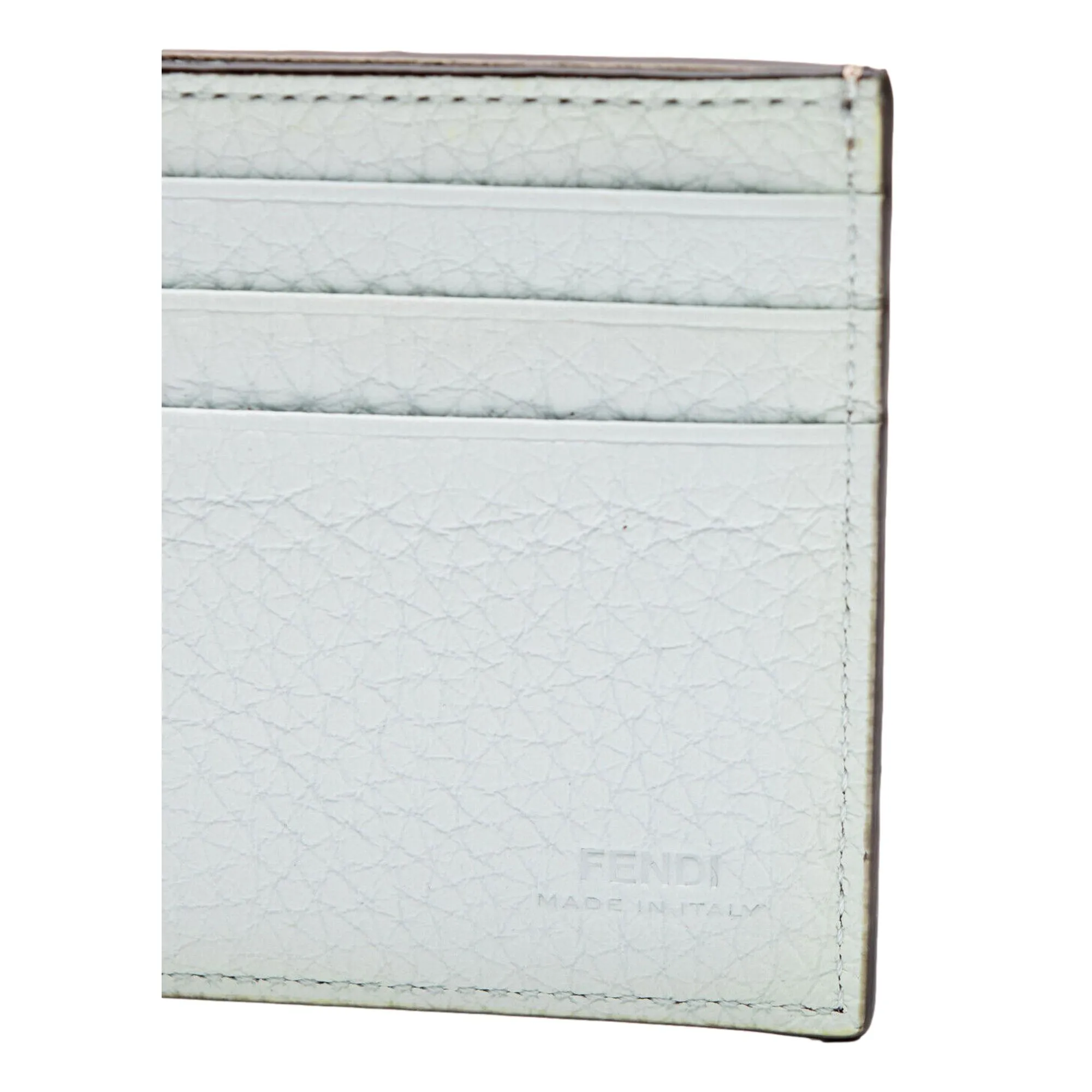 Fendi FF Logo Plaque Light Gray and Blue Pebbled Calf Leather Bifold Wallet