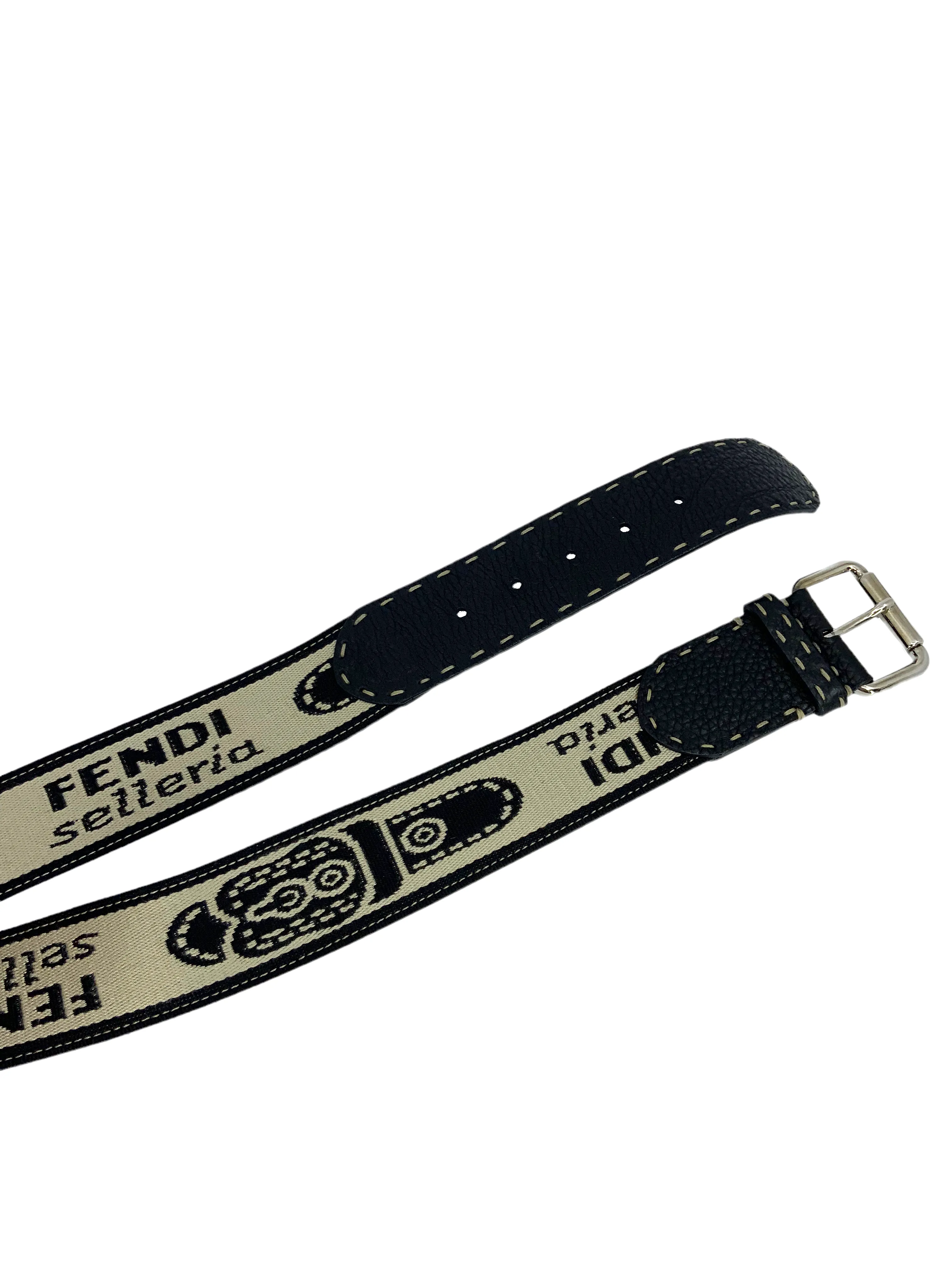 FENDI Selleria Leather and Canvas Logo Belt Size 80