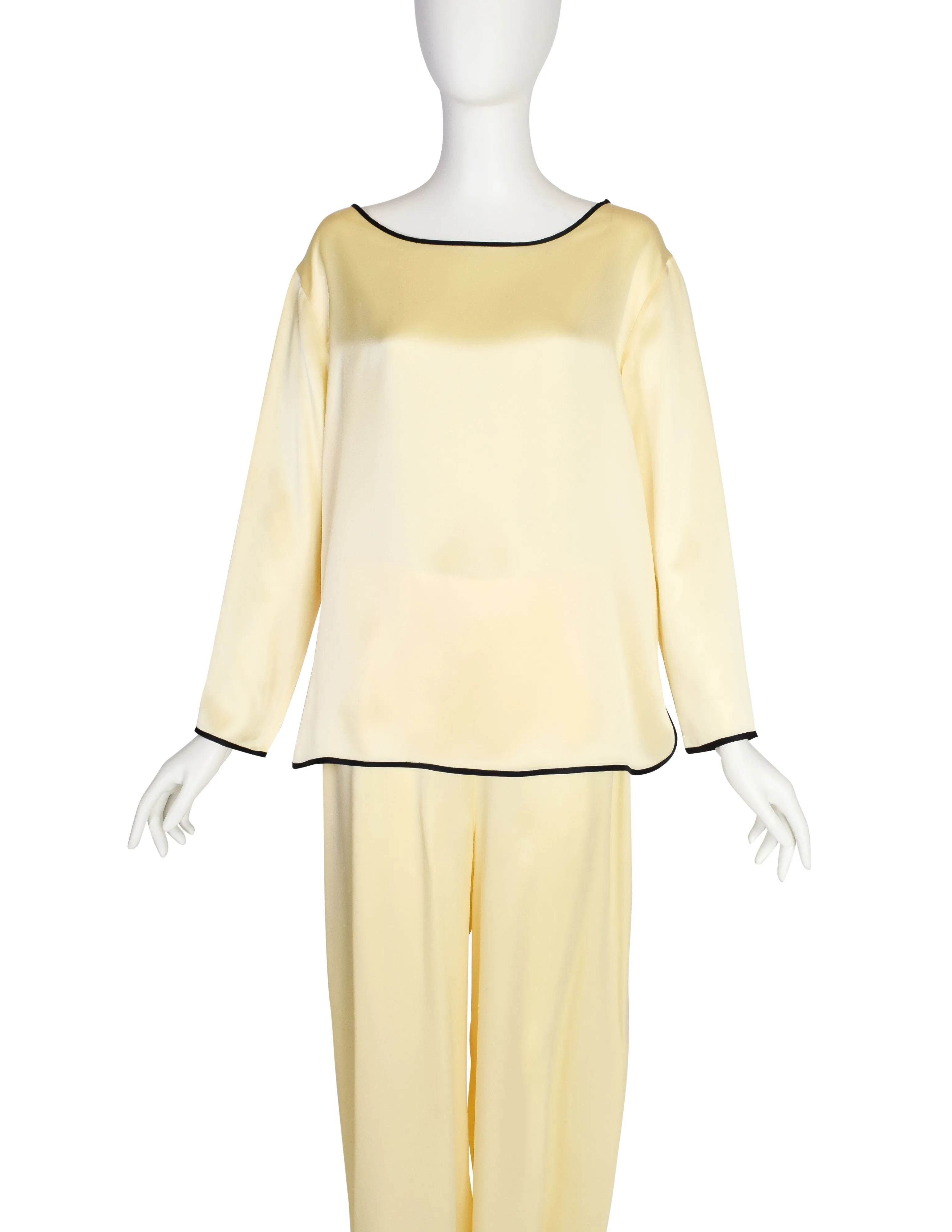 Fendi Vintage 1990s Pale Yellow Silk Charmeuse Top and Pant Lounge Ensemble Set