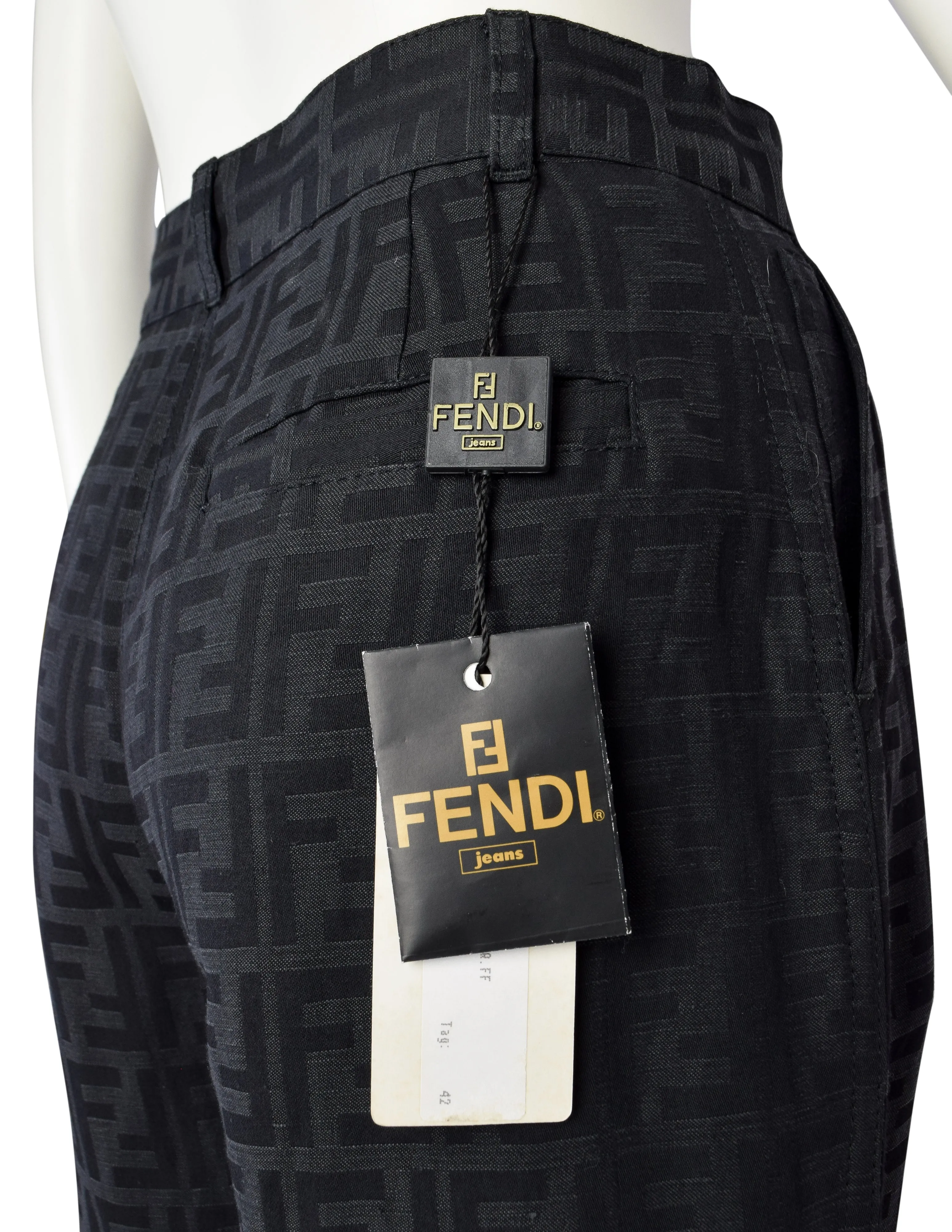 Fendi Vintage Black Zucca Logo Monogram Linen Jacquard Wide Leg Pants