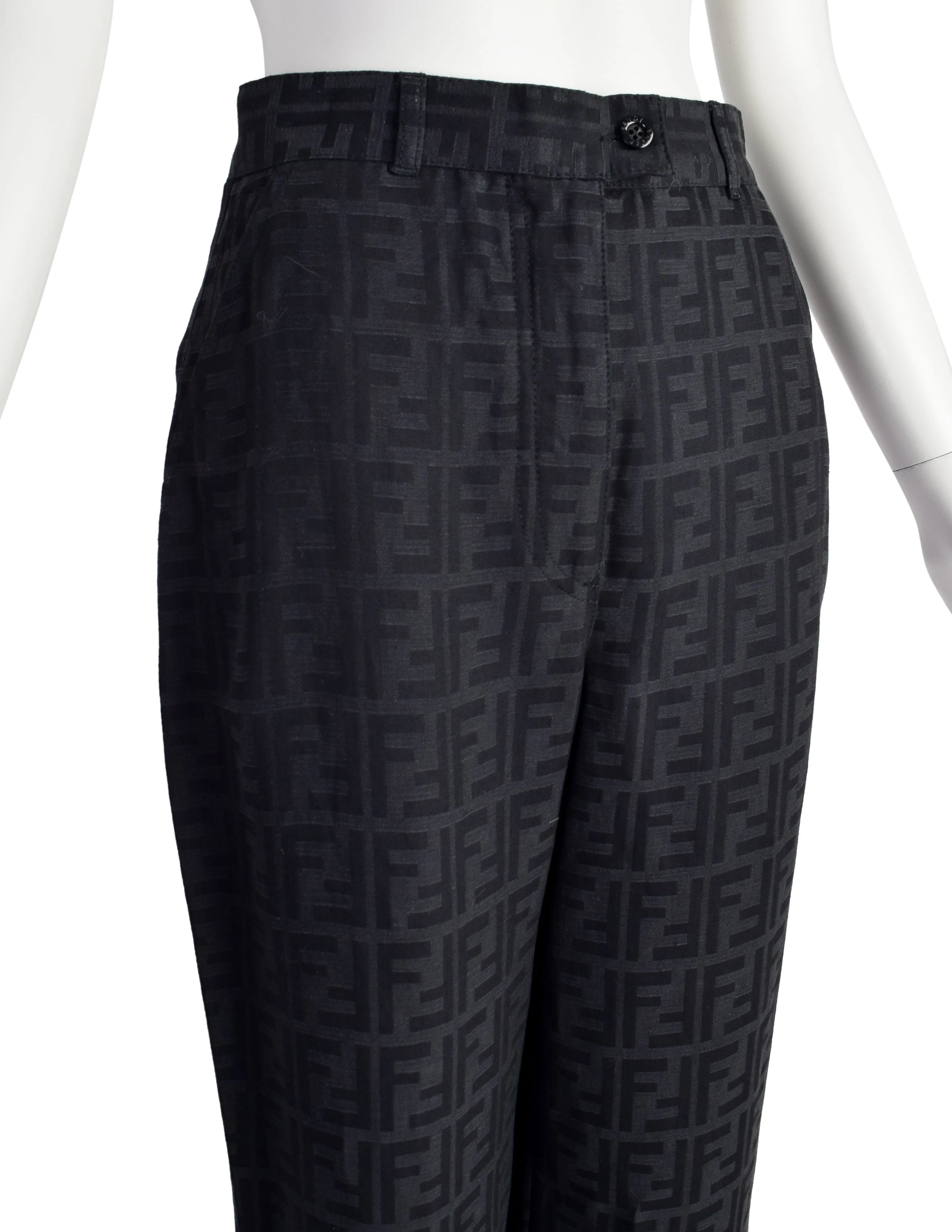 Fendi Vintage Black Zucca Logo Monogram Linen Jacquard Wide Leg Pants