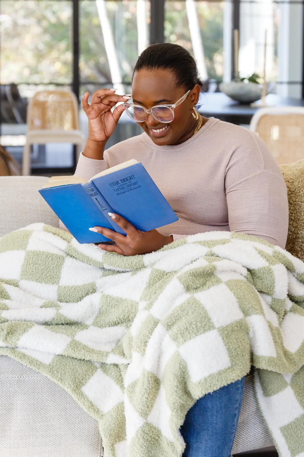 Fuzzy For Days Checkered Blanket In Sage