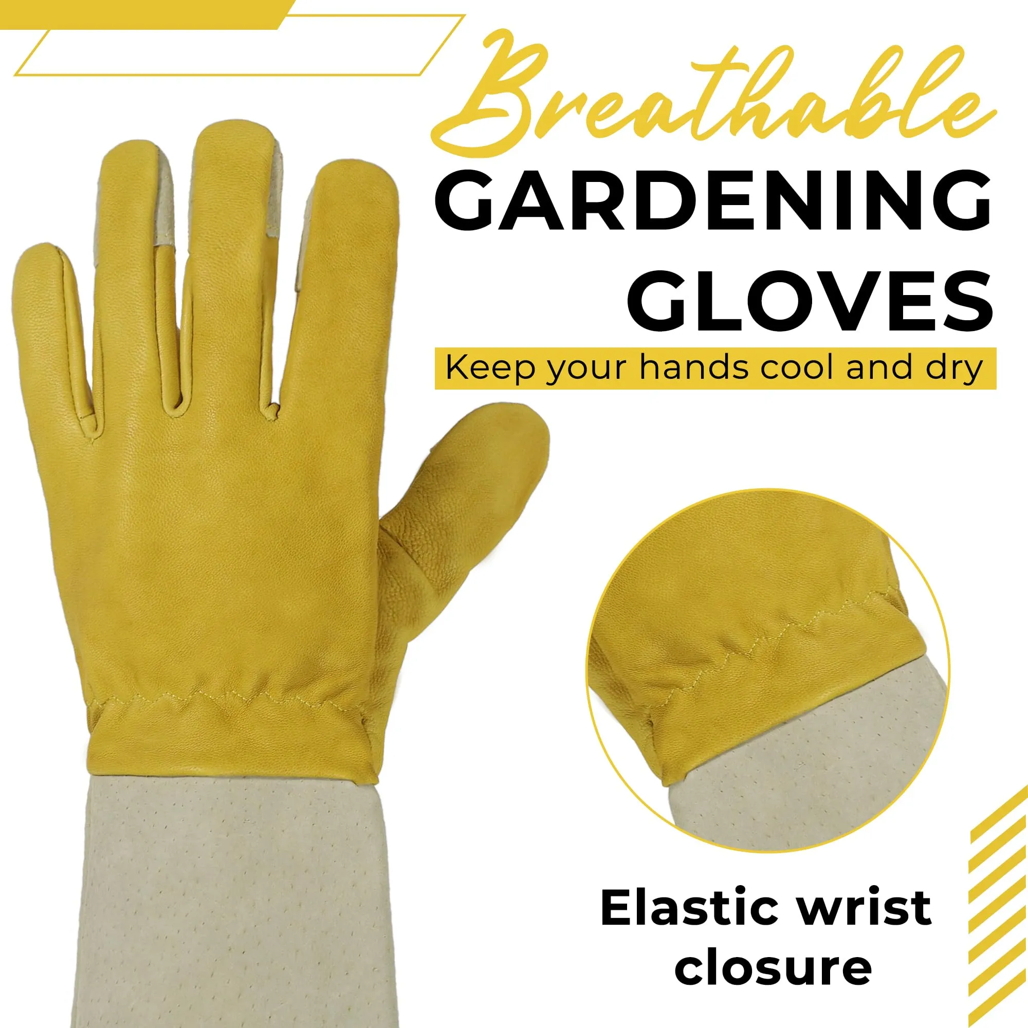 HANDLANDY Rose Pruning Gloves for Men & Women, Thorn Proof Long Garden Gloves, Gardening Gifts for Gardeners (Yellow- goatskin, Medium (Pack of 1)) 5197