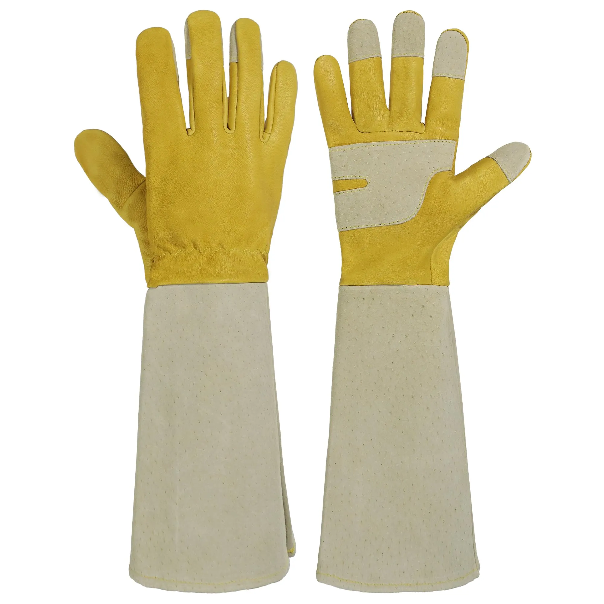 HANDLANDY Rose Pruning Gloves for Men & Women, Thorn Proof Long Garden Gloves, Gardening Gifts for Gardeners (Yellow- goatskin, Medium (Pack of 1)) 5197