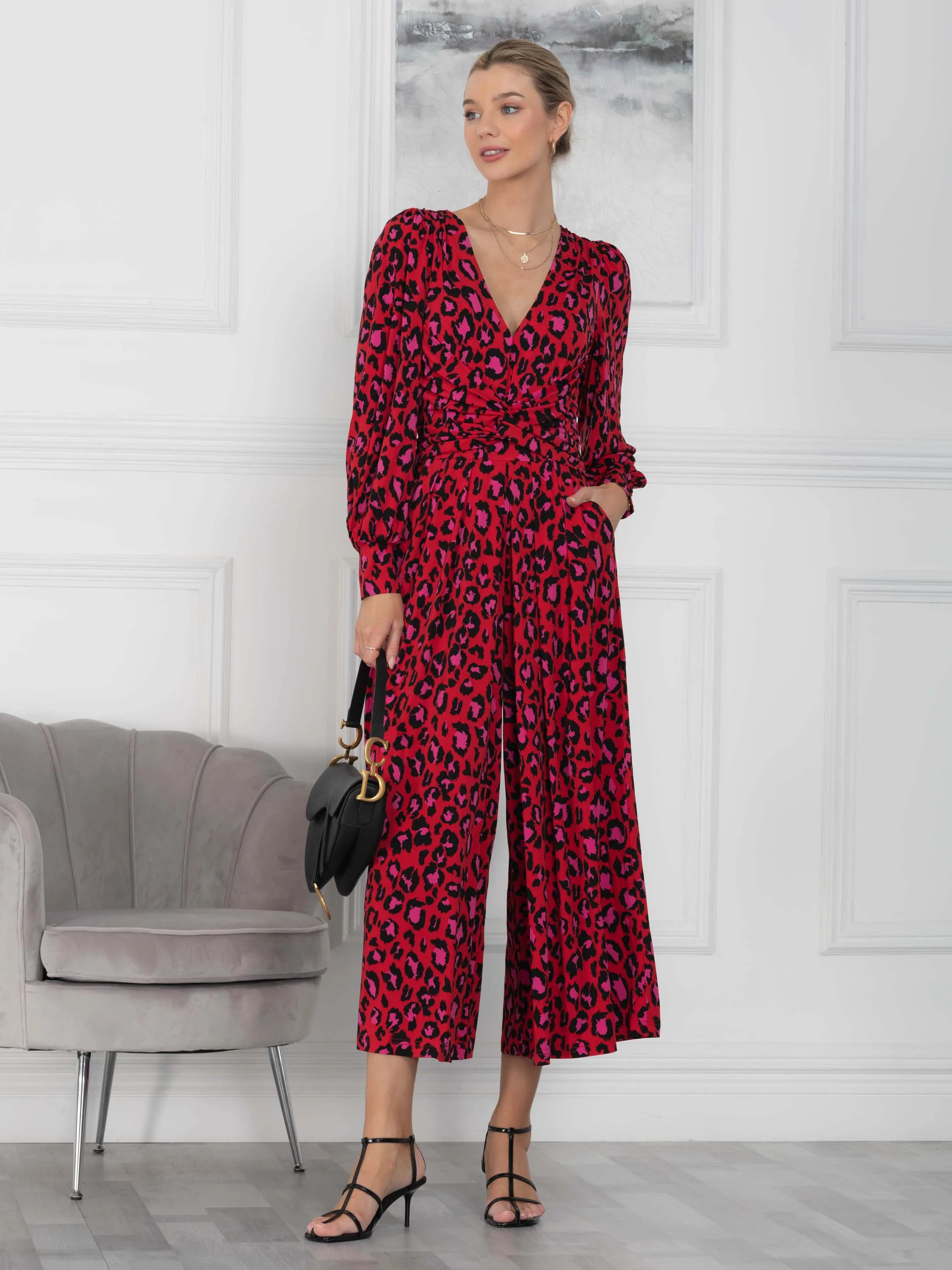 Kylie Long Sleeve Jumpsuit, Red Animal