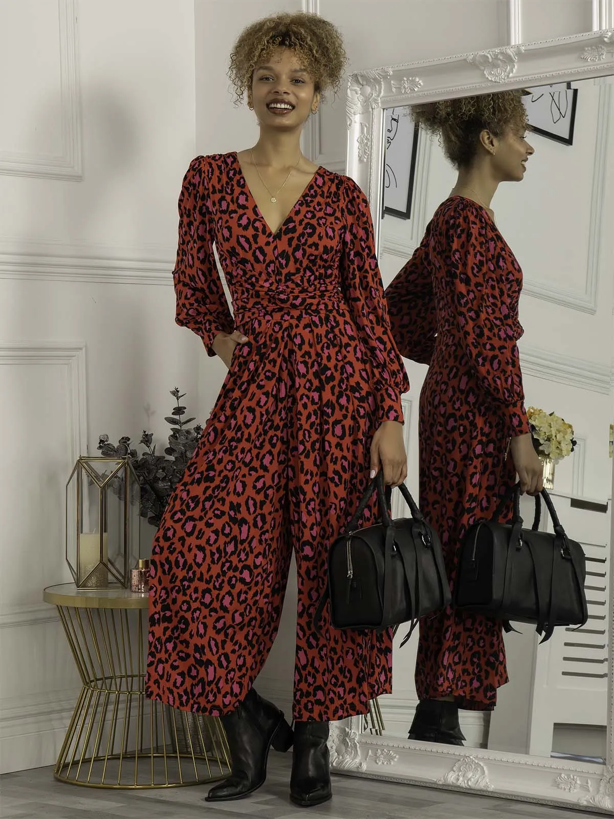 Kylie Long Sleeve Jumpsuit, Red Animal