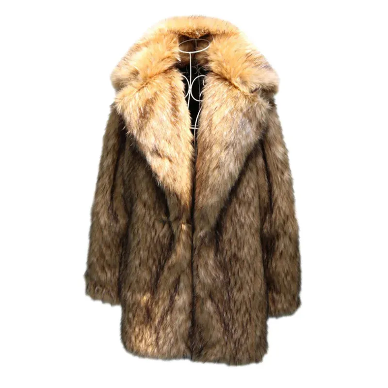 Men's Faux Fur Coat Imitation Raccoon Hair Long Coats Thick Warm Suit Collar Artificial Wool Long Sleeve Cloth High Quality