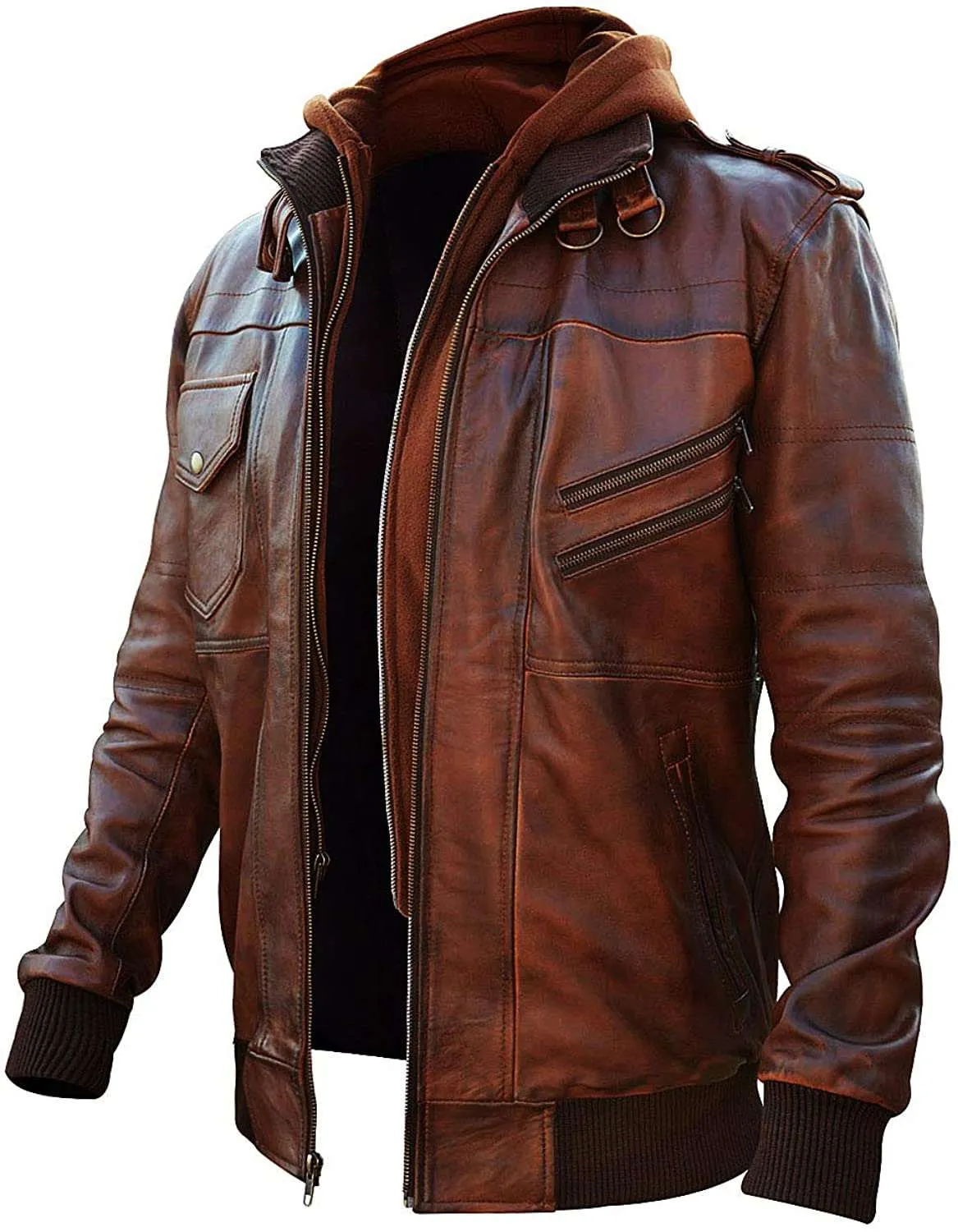 Men’s Slim Fit Bomber Hoodie Vintage Brown Biker Genuine Leather Jacket