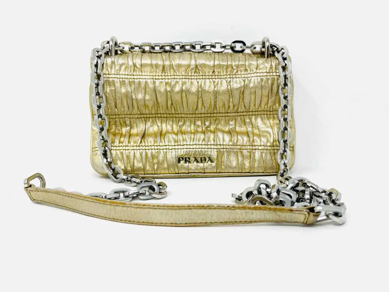 Prada Gold Convertible Ruched Leather AS IS Designer Crossbody Purse