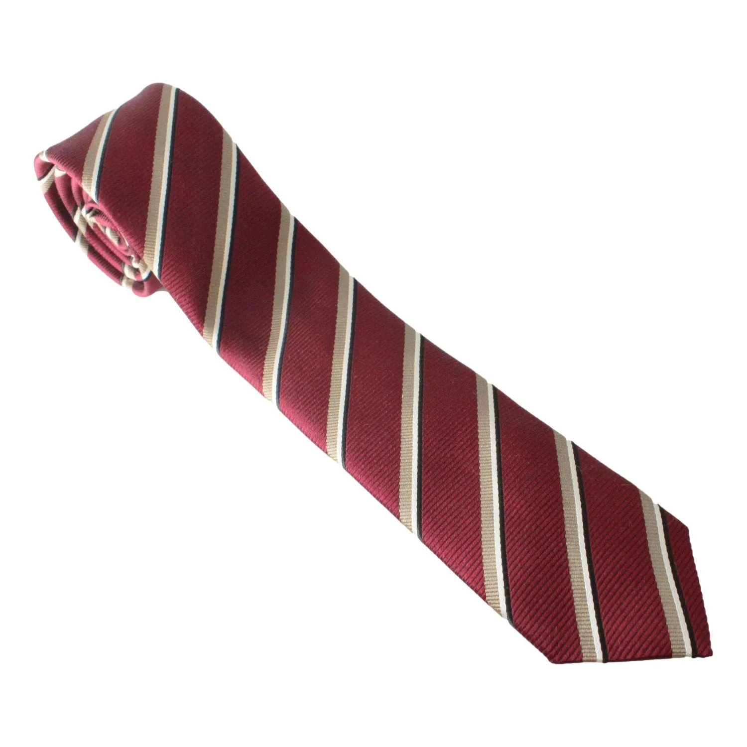 Prada Mens Neck Tie 100% Silk Bordeaux Red Gold Stripe Classic Pattern