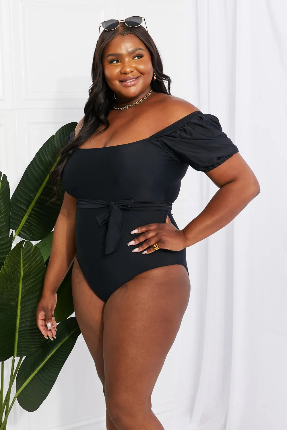 Puff Sleeve One-Piece Swimsuit in Black