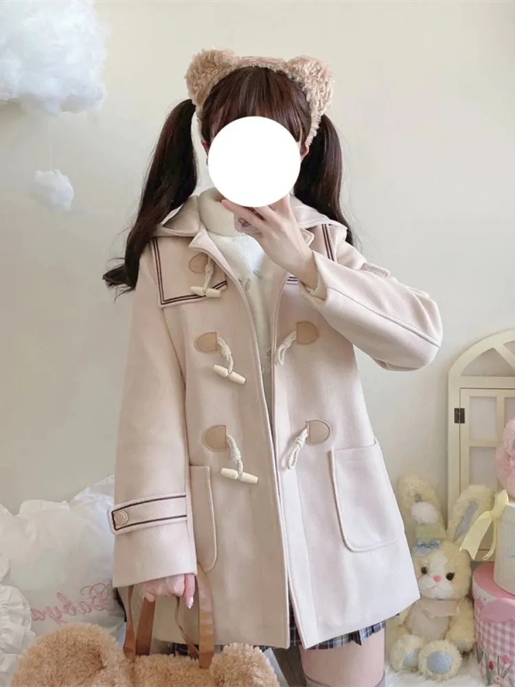 Solid Warm JK Style Girls Wool Blends Long Coats Jacket Winter Metal Single-breasted  Sleeve Casual  Warmness Outwears