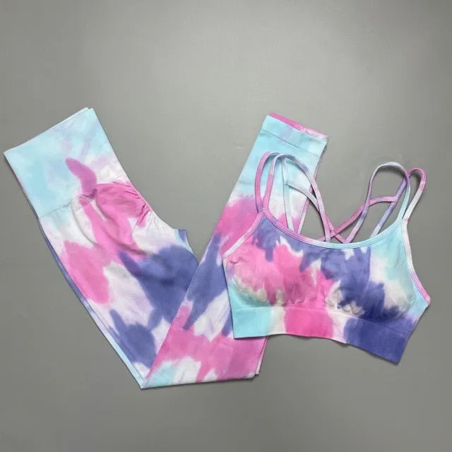 Trendy Tie Dye Sporty High Waist Seamless Leggings And Cropped Bra Set