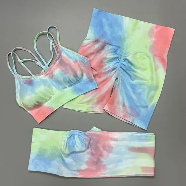 Trendy Tie Dye Sporty High Waist Seamless Leggings And Cropped Bra Set