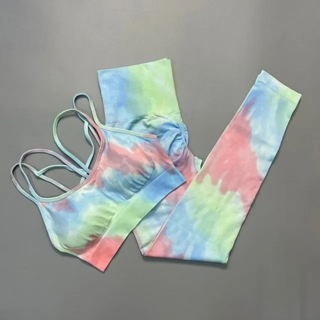 Trendy Tie Dye Sporty High Waist Seamless Leggings And Cropped Bra Set