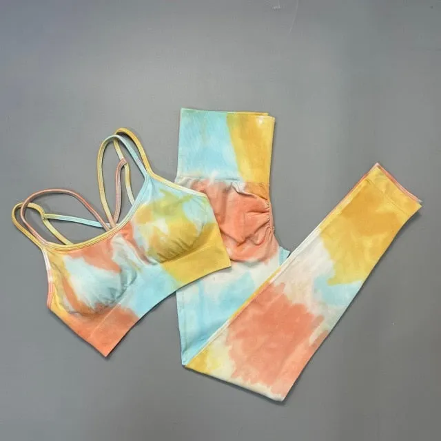 Trendy Tie Dye Sporty High Waist Seamless Leggings And Cropped Bra Set