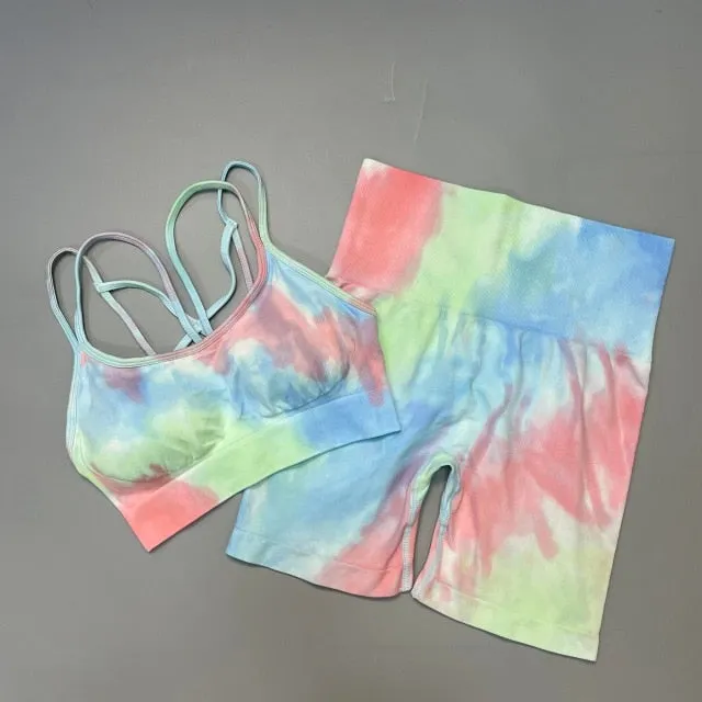 Trendy Tie Dye Sporty High Waist Seamless Leggings And Cropped Bra Set