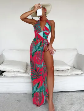 Tropical Print One Piece Swimsuit With Cover Up Skirt