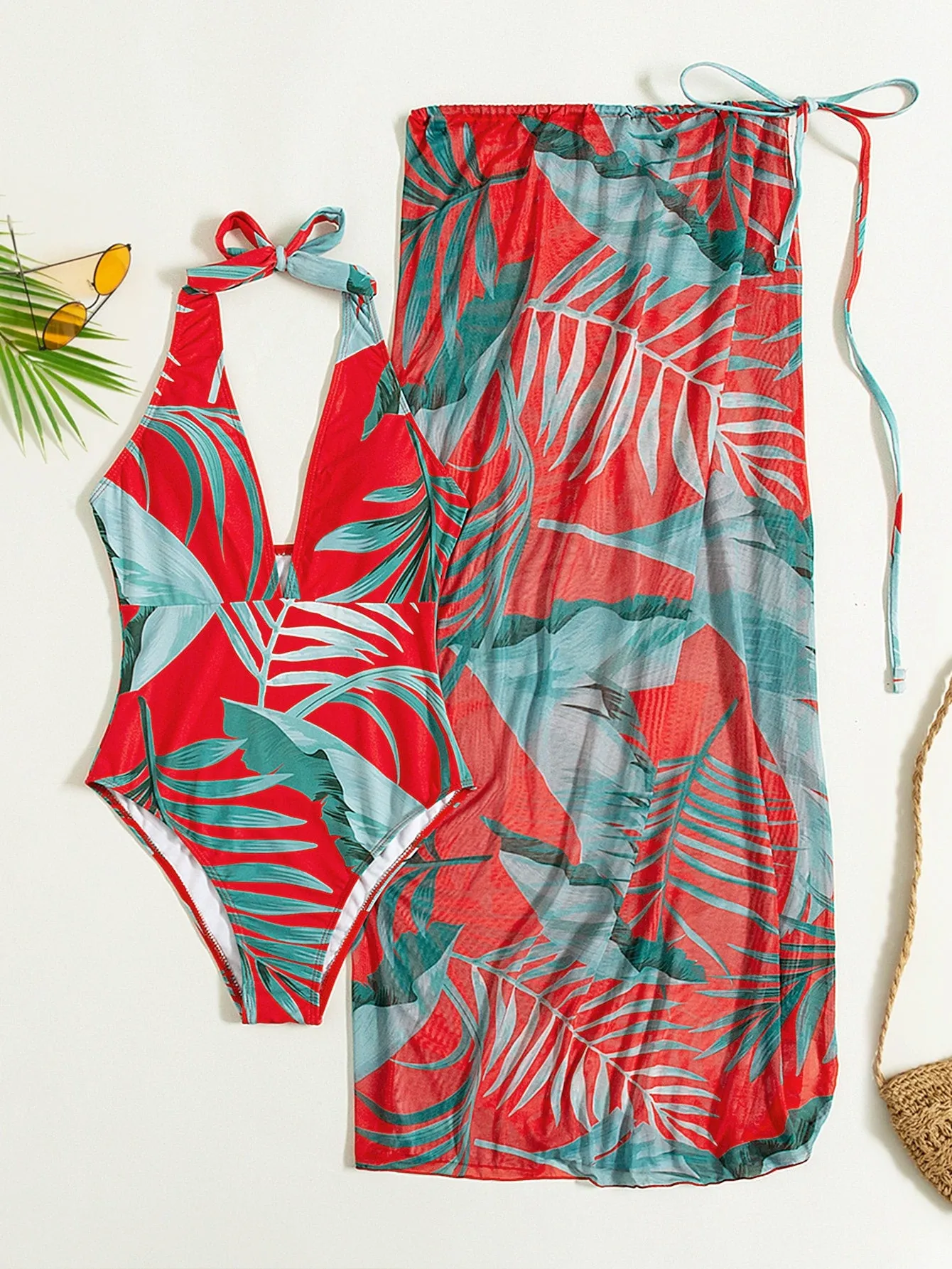 Tropical Print One Piece Swimsuit With Cover Up Skirt