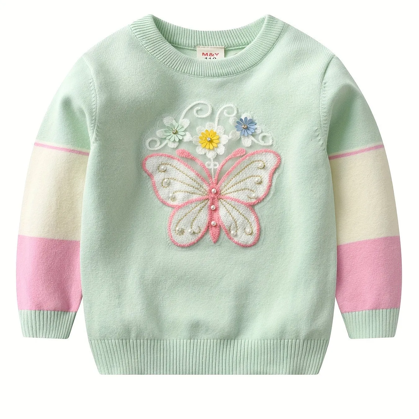 Vibrant Daisy Delight Crew Neck Sweater Top for Girls - Soft Beads and Butterfly Embroidery, Long Sleeves, Comfortable Fit, Spring and Autumn Wear, Ideal for Casual Outings and School Days