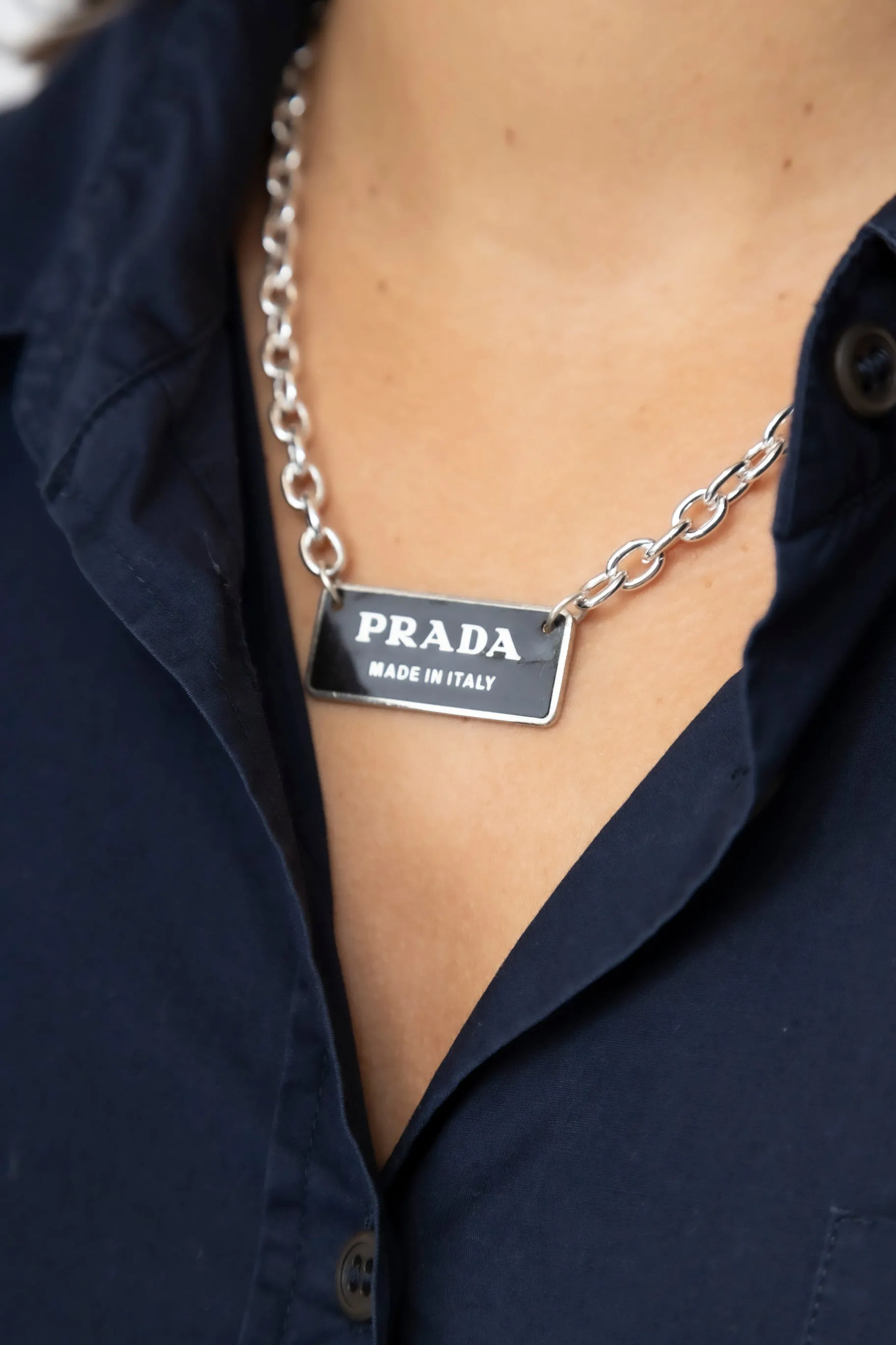 VT Rework: Prada Rectangular Logo Chunky Curb Necklace