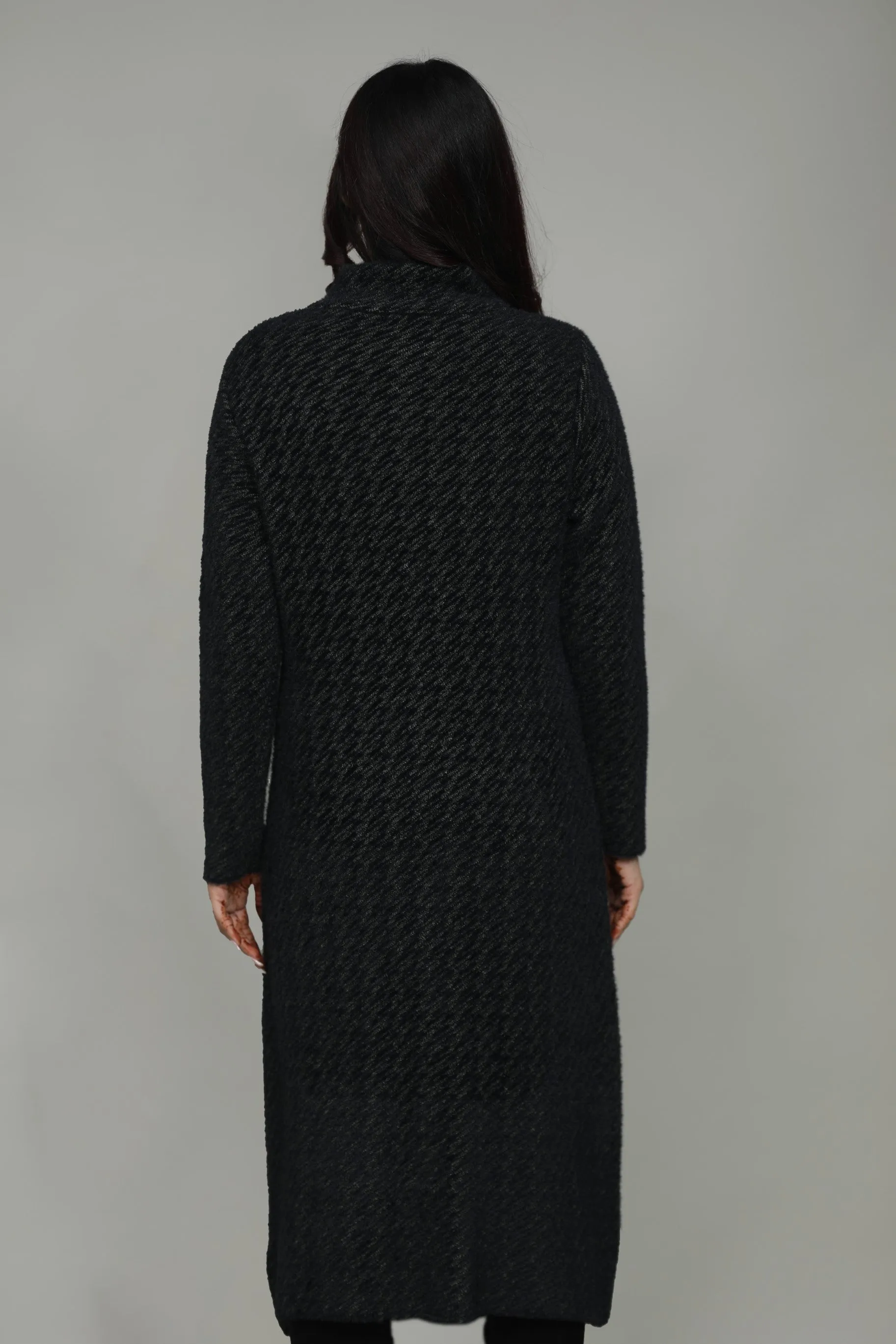 Women Check Knitted Woolen T-Neck Long Coat