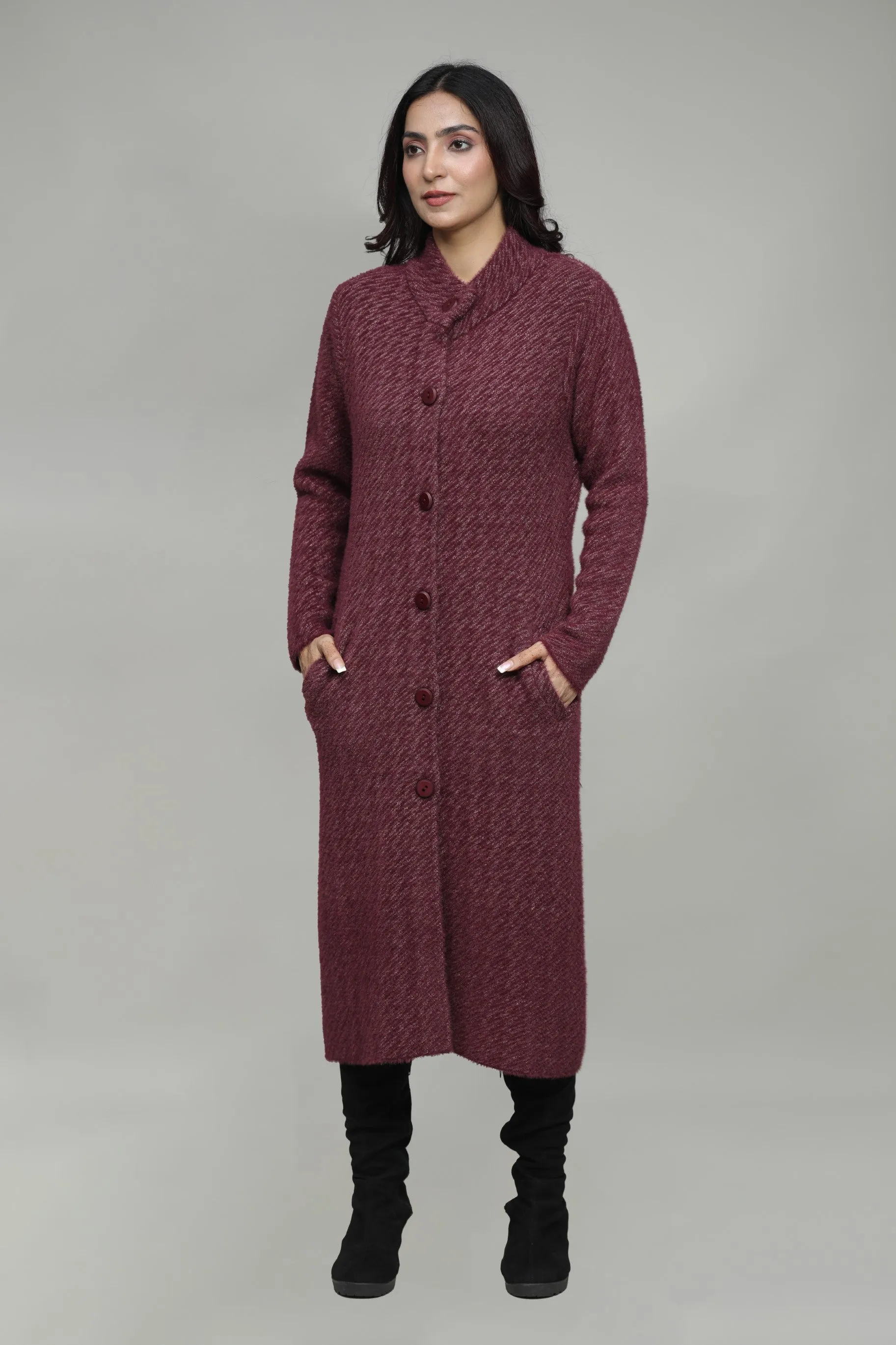 Women Check Knitted Woolen T-Neck Long Coat