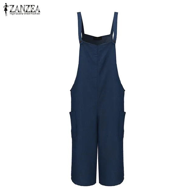 ZANZEA Womens Jumpsuits 2017 Sleeveless Adjustable Strap Pockets Button Wide Leg Denim Blue Retro Rompers Calf Length Overalls